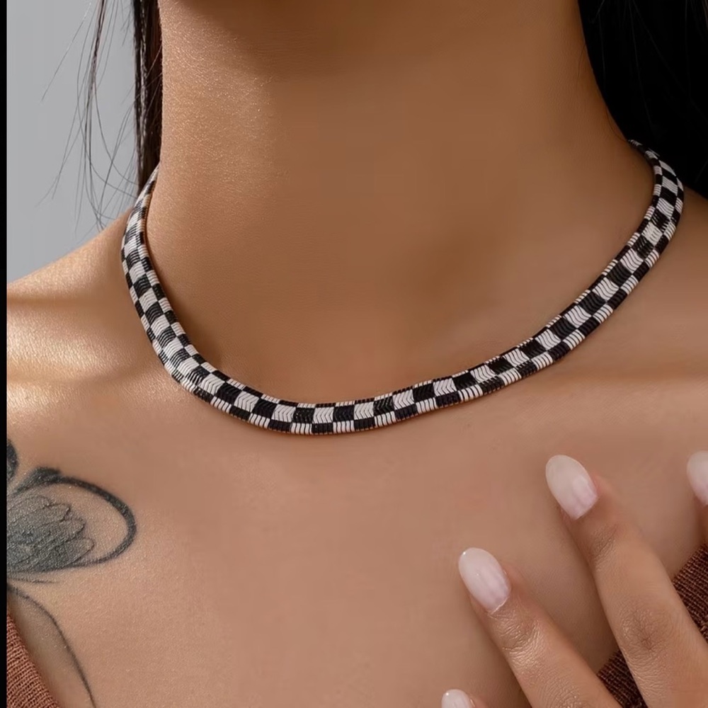 Elegant Black and White Checkered Necklace | Reversible | Mackenzie Childs type